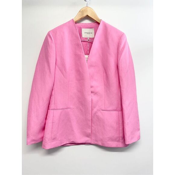 Lafayette 148 New York Linen Silk Blazer Size 8 Pink V Neck Slim Silhouette NEW - Picture 2 of 12
